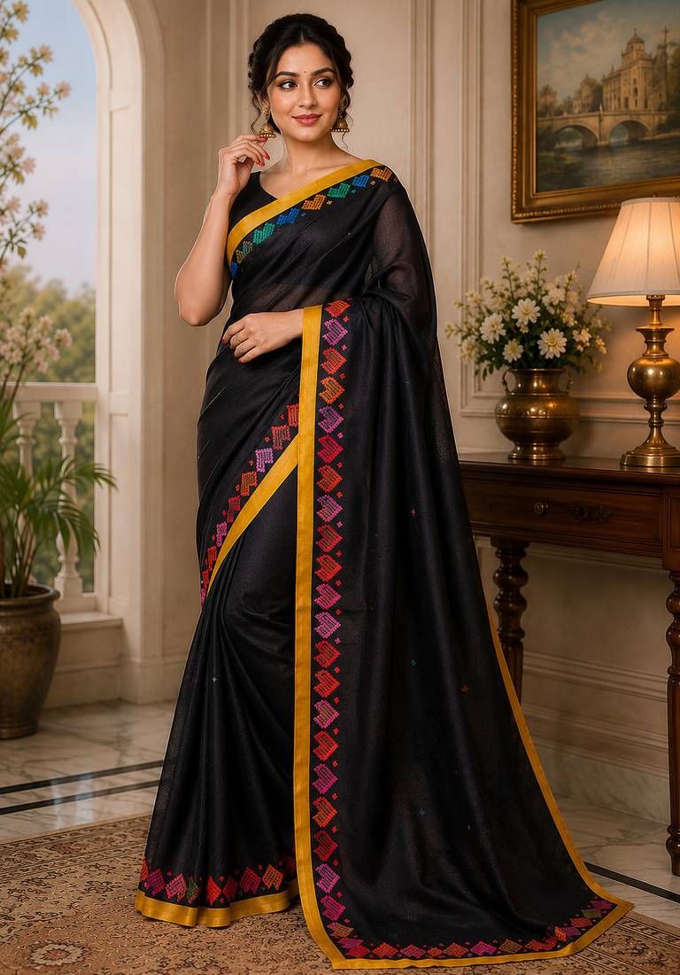 Black color digital printed chanderi cotton ready to wear saree with blouse