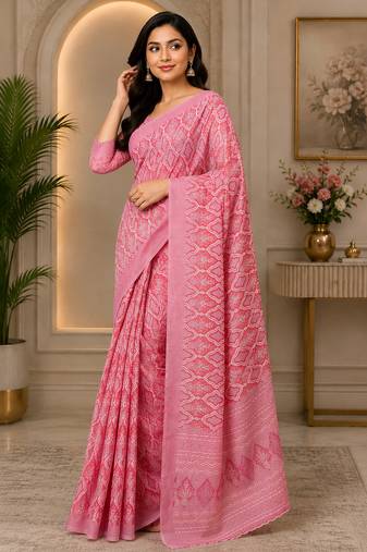 pink color digital printed chanderi ready to wear saree with blouse