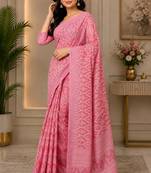 Pink color digital printed chanderi cotton ready to wear saree with blouse