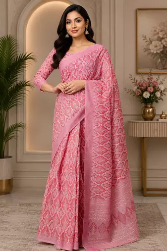 pink color digital printed chanderi ready to wear saree with blouse