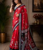 Red color digital printed chanderi cotton ready to wear saree with blouse
