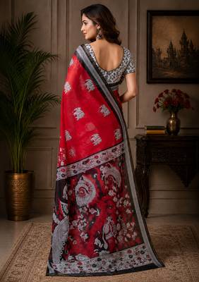 Red color digital printed chanderi cotton ready to wear saree with blouse 4