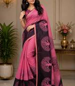 Rose pink color digital printed chanderi cotton ready to wear saree with blouse