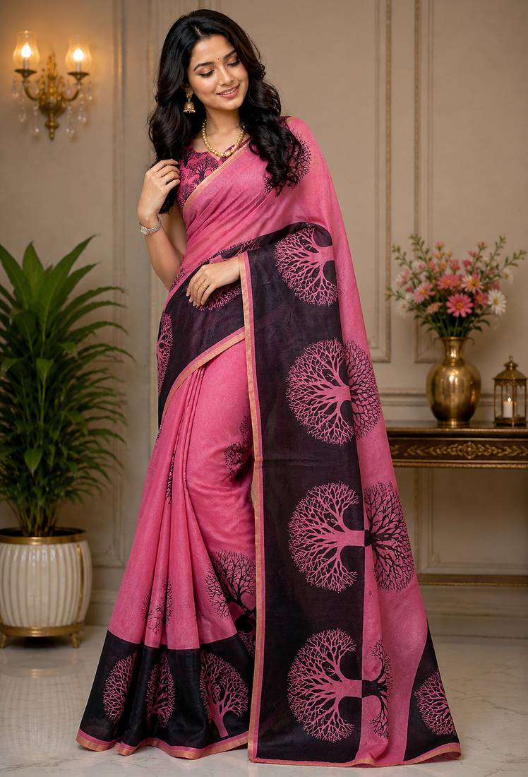 Rose pink color digital printed chanderi cotton ready to wear saree with blouse