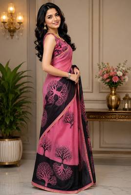 Rose pink color digital printed chanderi cotton ready to wear saree with blouse 3