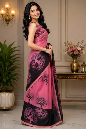 rose pink color digital printed chanderi ready to wear saree with blouse