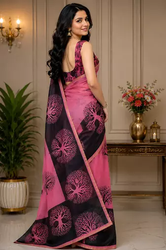 rose pink color digital printed chanderi ready to wear saree with blouse
