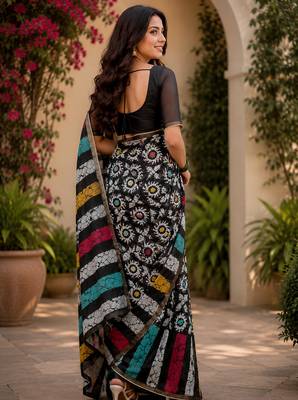 multi  color digital printed chanderi ready to wear saree with blouse 4