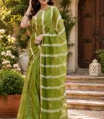 mehendi green  color digital printed chanderi ready to wear saree with blouse