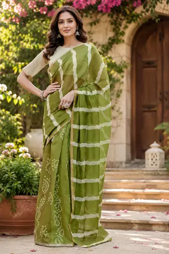 mehendi green  color digital printed chanderi ready to wear saree with blouse