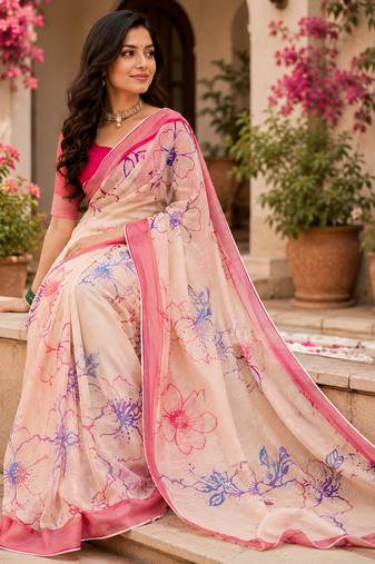 peach  color digital printed chanderi ready to wear saree with blouse