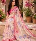 peach  color digital printed chanderi ready to wear saree with blouse