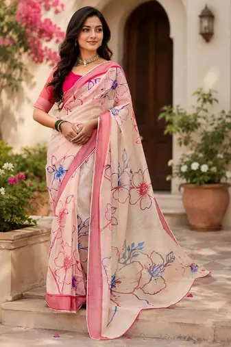 peach  color digital printed chanderi ready to wear saree with blouse
