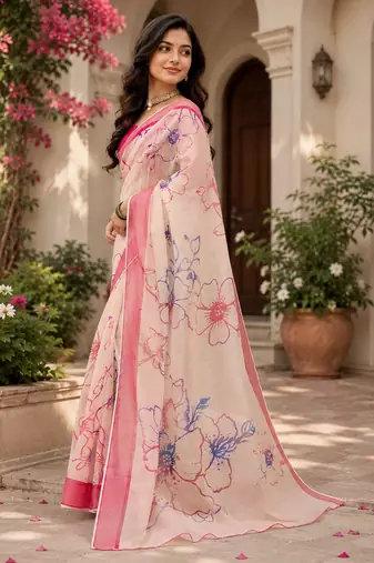 peach  color digital printed chanderi ready to wear saree with blouse