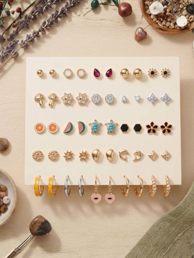 Fashion 25 pairs anti tarnish gold plated stud earrings combo for women