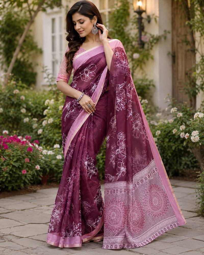 wine  color digital printed chanderi ready to wear saree with blouse