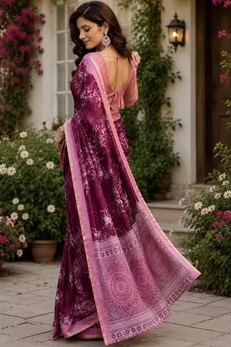 wine  color digital printed chanderi ready to wear saree with blouse