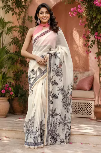 white  color digital printed chanderi ready to wear saree with blouse