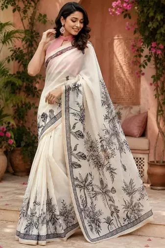 white  color digital printed chanderi ready to wear saree with blouse