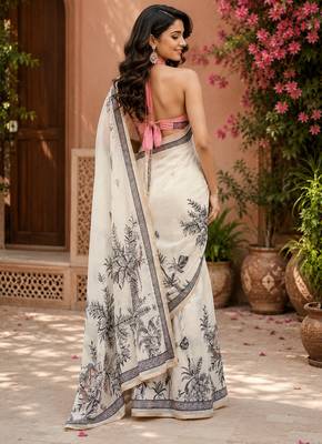 white  color digital printed chanderi ready to wear saree with blouse 4