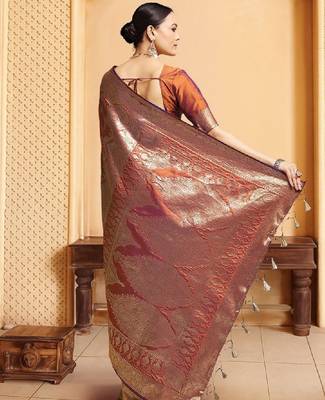 Ethnic motifs woven design kanjeevaram saree 2