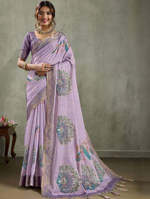 Ethnic motifs printed sequinned tissue kanjeevaram saree 1