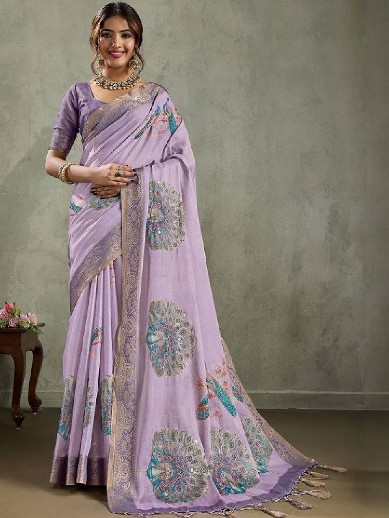 Ethnic motifs printed sequinned tissue kanjeevaram saree