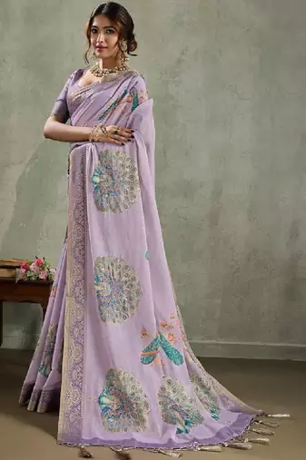 Ethnic motifs printed sequinned tissue kanjeevaram saree
