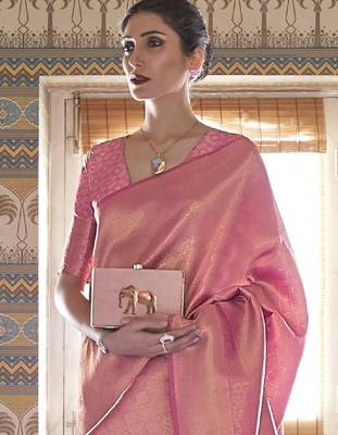 Pink & gold-toned ethnic motifs zari silk blend kanjeevaram saree 1