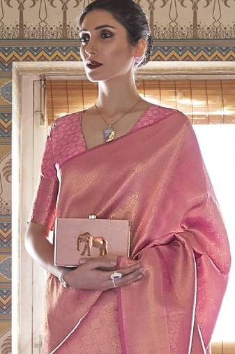 Pink & gold-toned ethnic motifs zari silk blend kanjeevaram saree
