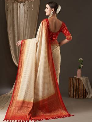 Off white & red woven design zari pure georgette kanjeevaram saree 1