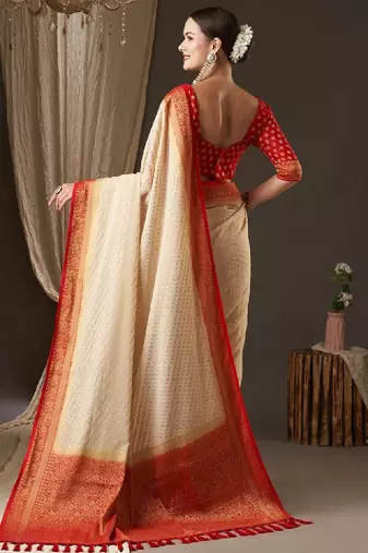 Off white & red woven design zari pure georgette kanjeevaram saree