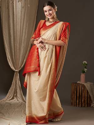 Off white & red woven design zari pure georgette kanjeevaram saree 2