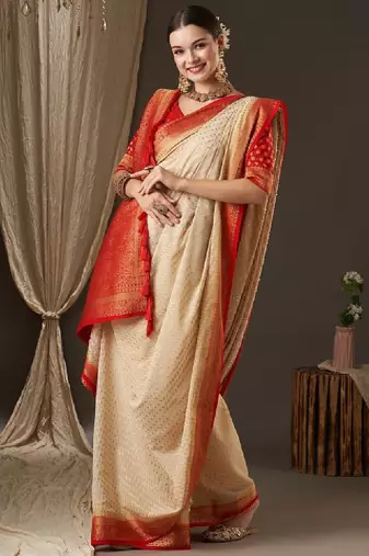 Off white & red woven design zari pure georgette kanjeevaram saree