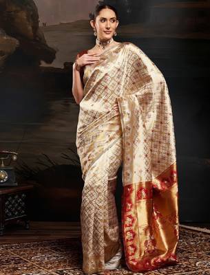 Ethnic motifs woven design zari kanjeevaram litchi silk saree & blouse 1