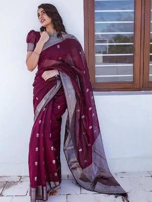 Purple cotton blend kanjeevaram saree 1