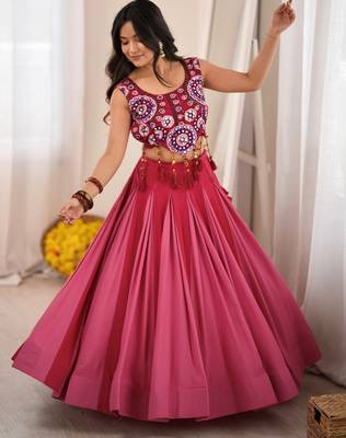 Fantastic Pink Rayon Navratri Wear Lehenga With Embroidered Blouse 1