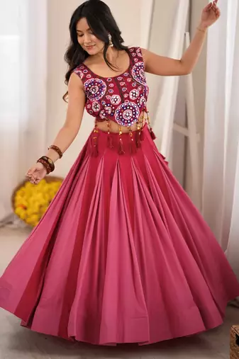 Fantastic Pink Rayon Navratri Wear Lehenga With Embroidered Blouse