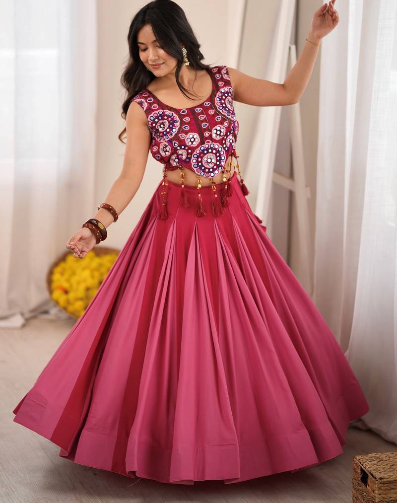 Fantastic Pink Rayon Navratri Wear Lehenga With Embroidered Blouse