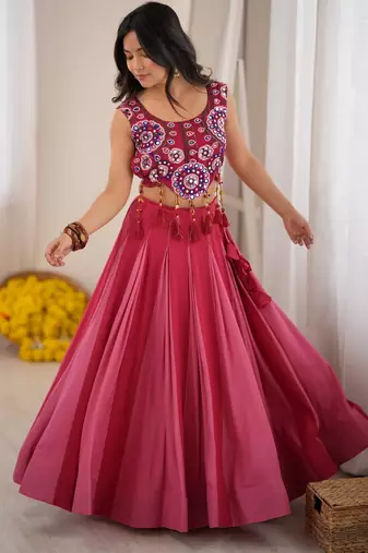Fantastic Pink Rayon Navratri Wear Lehenga With Embroidered Blouse