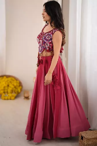 Fantastic Pink Rayon Navratri Wear Lehenga With Embroidered Blouse