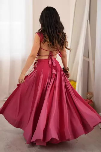 Fantastic Pink Rayon Navratri Wear Lehenga With Embroidered Blouse