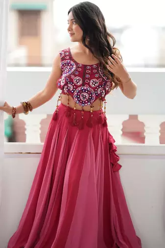 Fantastic Pink Rayon Navratri Wear Lehenga With Embroidered Blouse