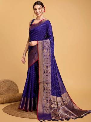 House of pataudi woven design art silk kanjivaram saree with blouse piece 1