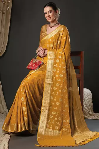 Ethnic motifs woven design zari pure georgette kanjeevaram saree