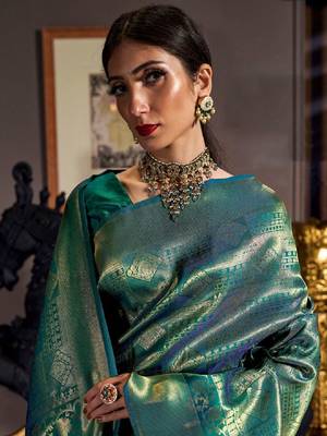 Teal & gold-toned woven design zari silk blend kanjeevaram saree 1