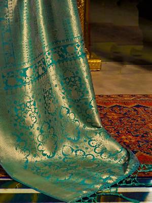 Teal & gold-toned woven design zari silk blend kanjeevaram saree 2