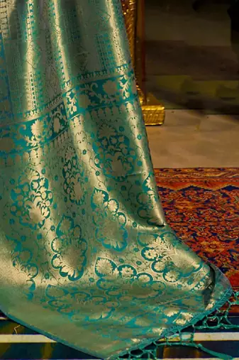 Teal & gold-toned woven design zari silk blend kanjeevaram saree