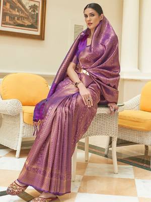 Purple & golden woven design zari silk blend kanjeevaram saree 1