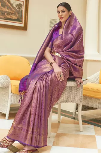 Purple & golden woven design zari silk blend kanjeevaram saree